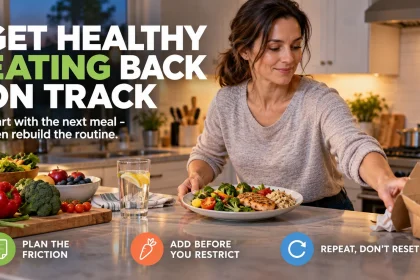 Woman replacing a takeout meal with a balanced plate of vegetables, grains and protein, with guidance to plan friction, add before restricting and repeat the routine.
