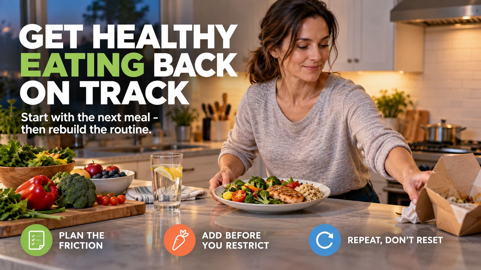 Woman replacing a takeout meal with a balanced plate of vegetables, grains and protein, with guidance to plan friction, add before restricting and repeat the routine.