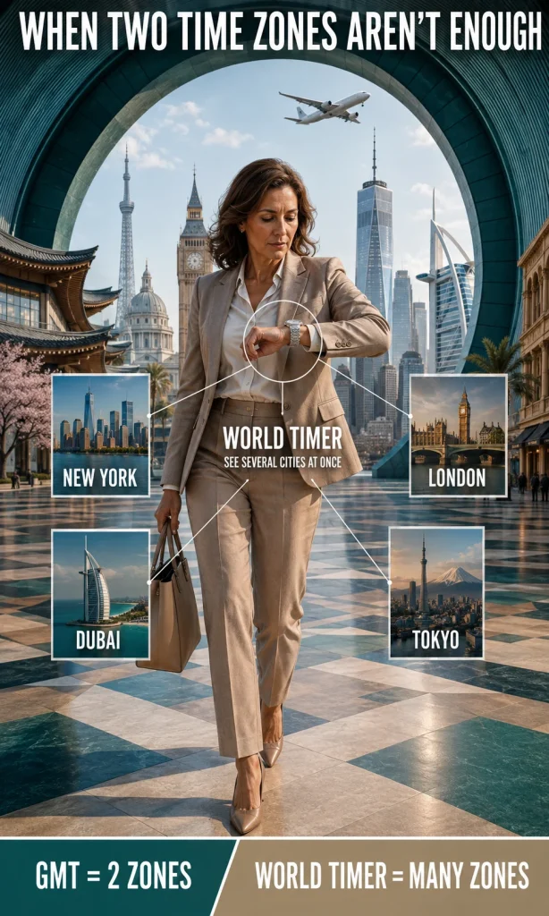 International businesswoman checking a world timer while several global city times are shown around her.