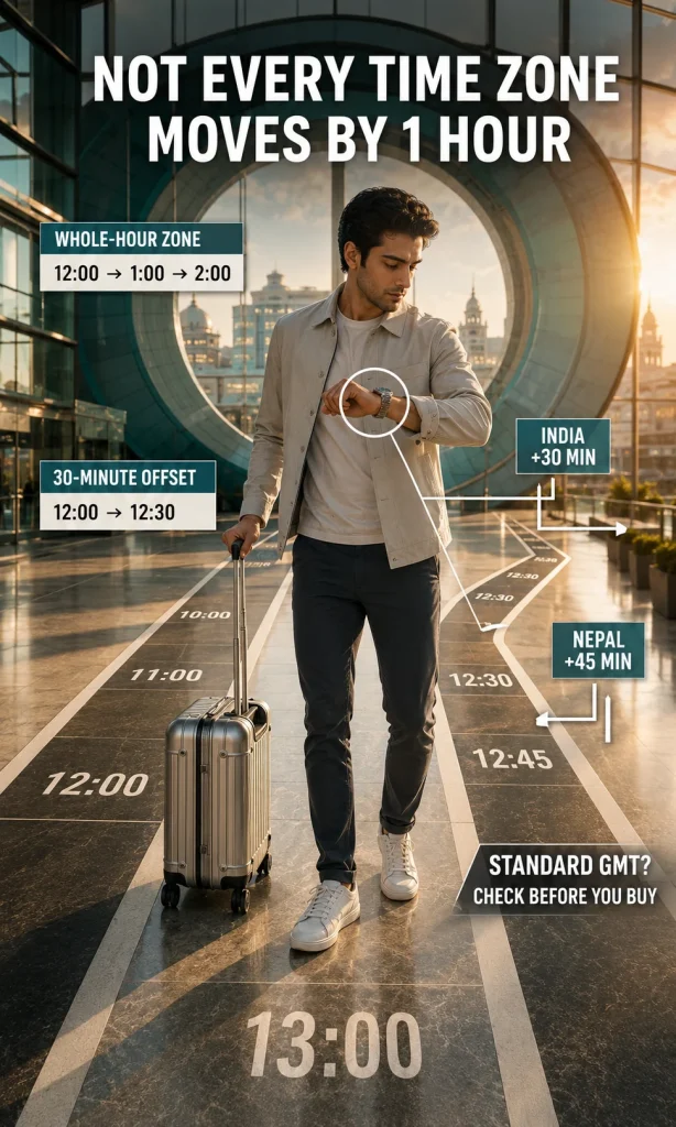 Traveler comparing standard GMT time with 30-minute and 45-minute time-zone offsets for India and Nepal.
