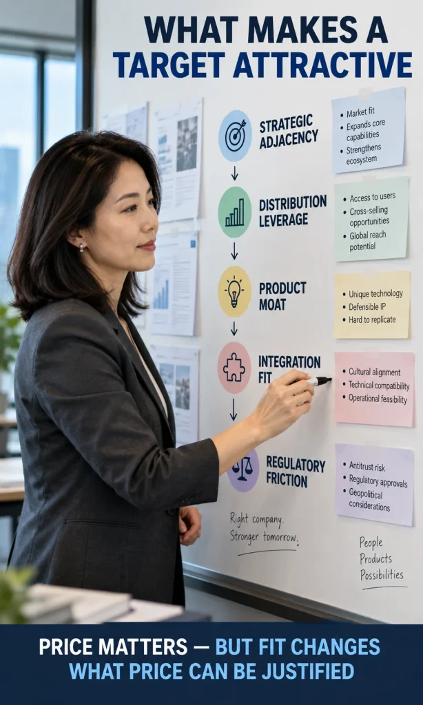 Business strategist reviewing five acquisition factors: strategic adjacency, distribution leverage, product moat, integration fit and regulatory friction