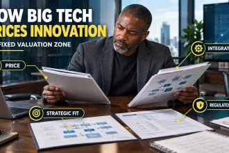 Executive comparing technology acquisition opportunities across price, strategic fit, integration and regulatory risk