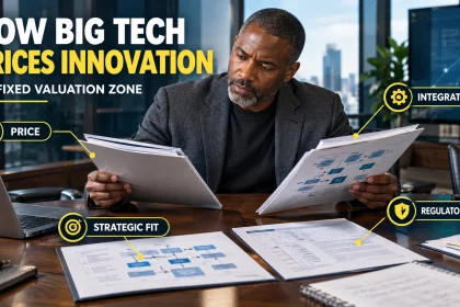 Executive comparing technology acquisition opportunities across price, strategic fit, integration and regulatory risk