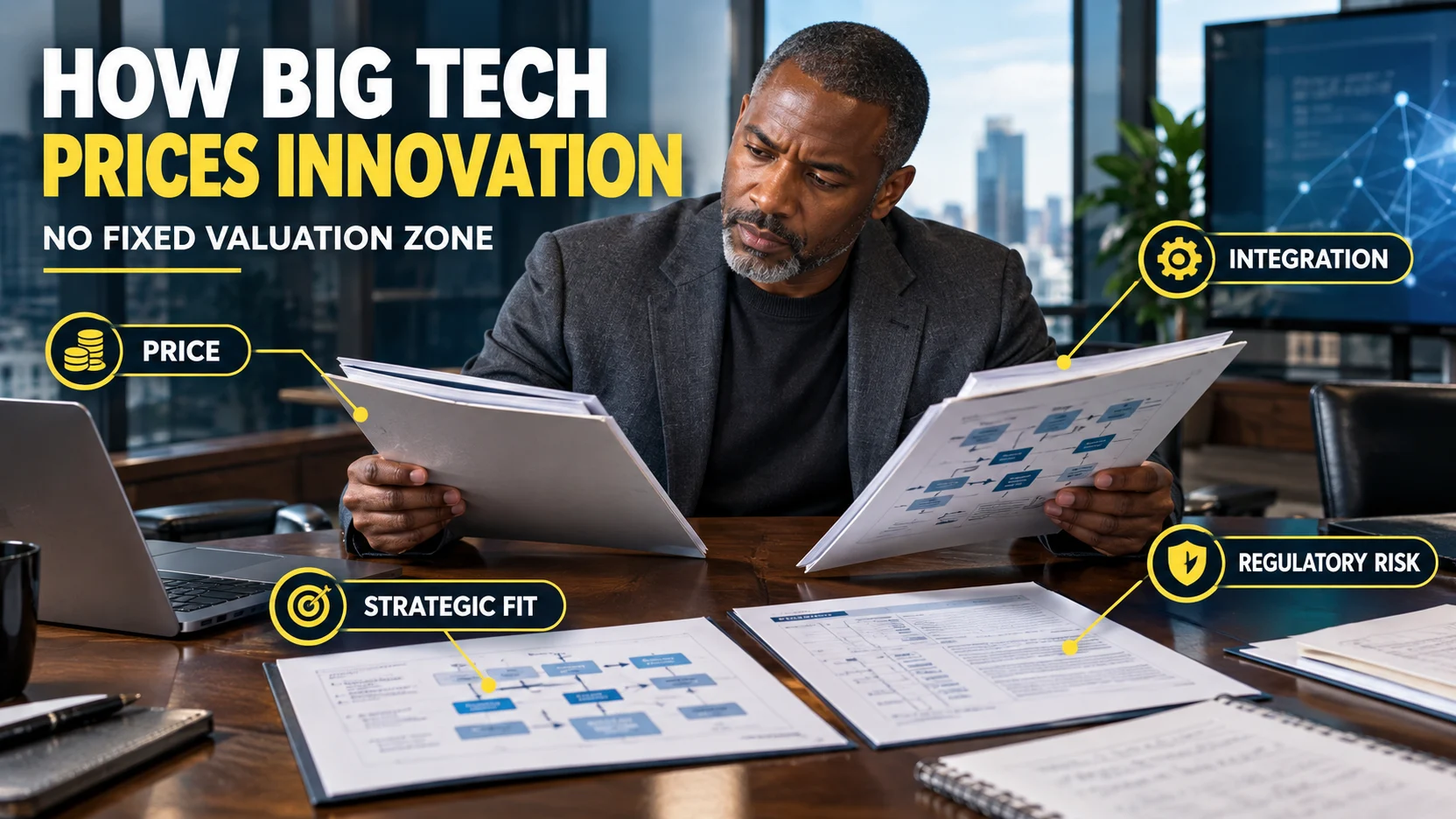 Executive comparing technology acquisition opportunities across price, strategic fit, integration and regulatory risk