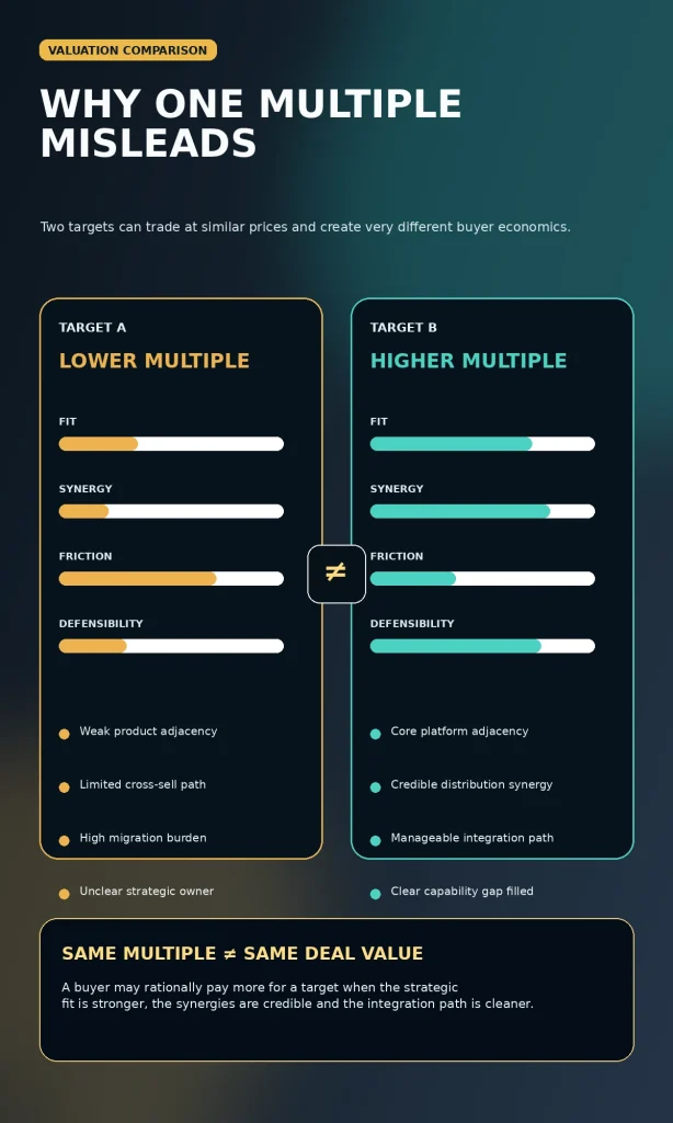 Comparison of a lower-multiple and higher-multiple acquisition target showing differences in strategic fit, synergy, friction, and defensibility.