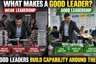 Split workplace showing how weak and effective leadership create different team outcomes.