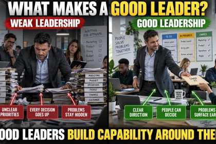 Split workplace showing how weak and effective leadership create different team outcomes.