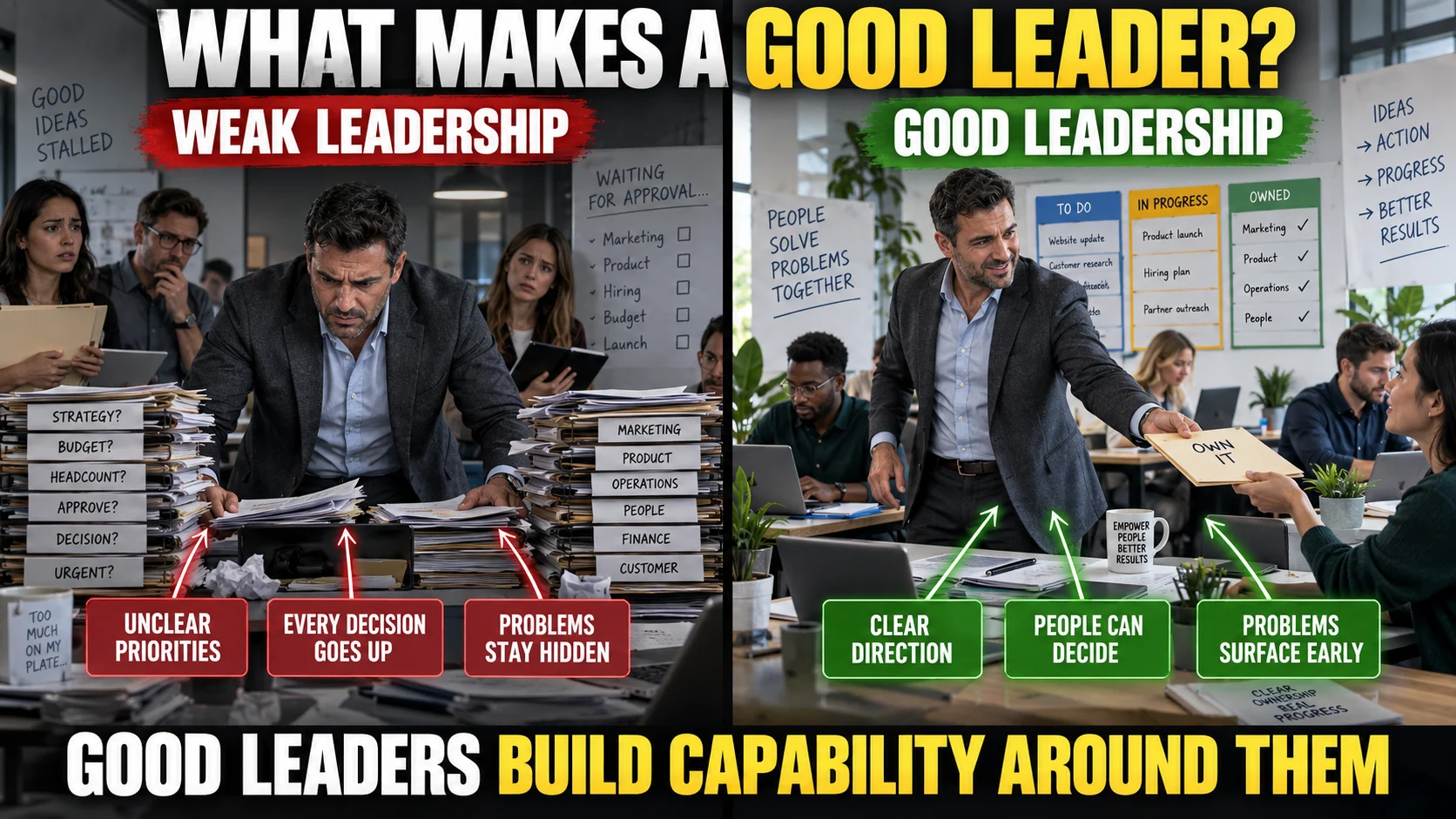 Split workplace showing how weak and effective leadership create different team outcomes.