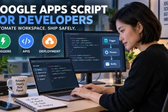 Developer working with Google Apps Script code, triggers, APIs and deployment checkpoints.