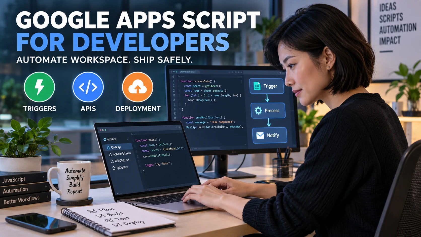 Developer working with Google Apps Script code, triggers, APIs and deployment checkpoints.