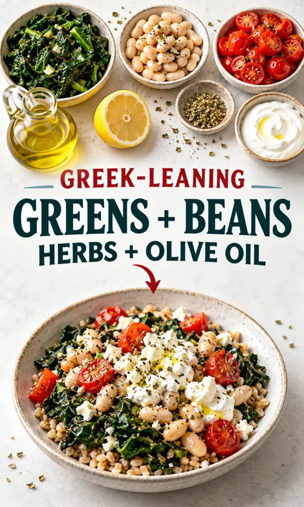 Greek-style meal assembly with greens, beans, whole grain, yogurt, feta, herbs and olive oil.
