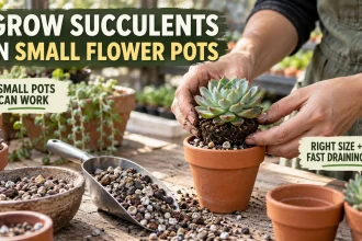 Gardener placing a healthy rosette succulent into a small terracotta flower pot filled with gritty fast-draining mix.