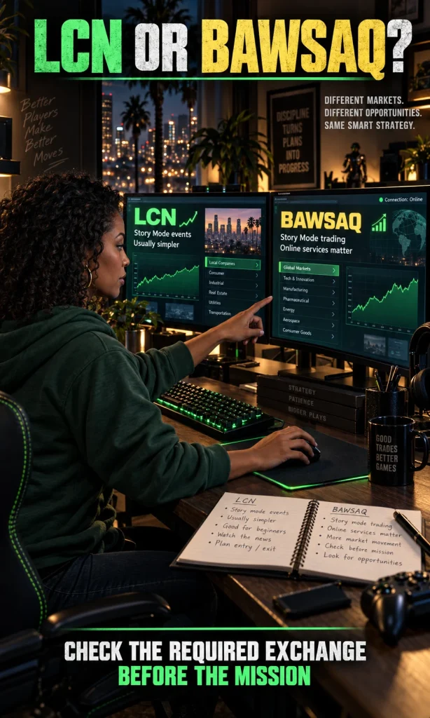 Gamer comparing the GTA 5 LCN and BAWSAQ exchanges, showing that BAWSAQ is used in Story Mode but depends on online-service access.