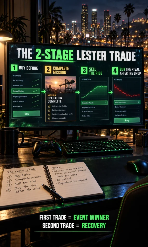 Visual sequence showing the GTA 5 Lester investment cycle from buying before a mission through the stock rise and later rival-company rebound.