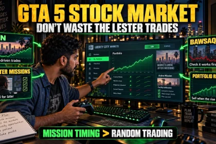 GTA 5 Story Mode player checking Lester assassination stock trades while comparing LCN and BAWSAQ investments before and after missions.