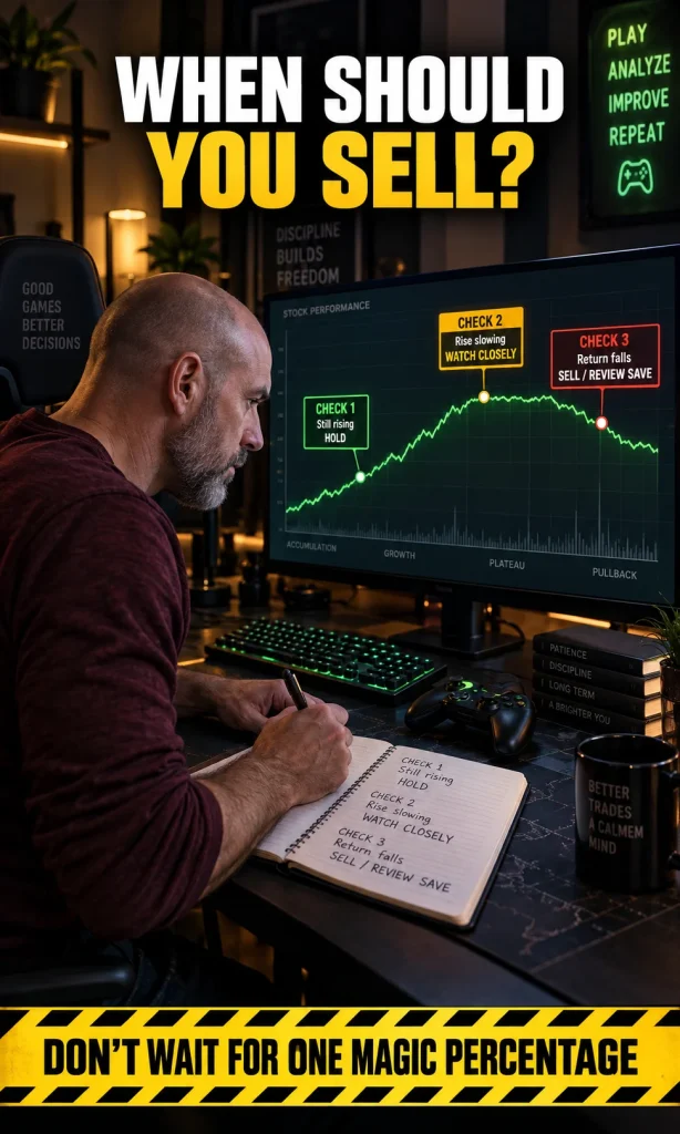 GTA 5 player comparing three portfolio checks to identify when a Lester stock return has stopped rising and may be ready to sell.