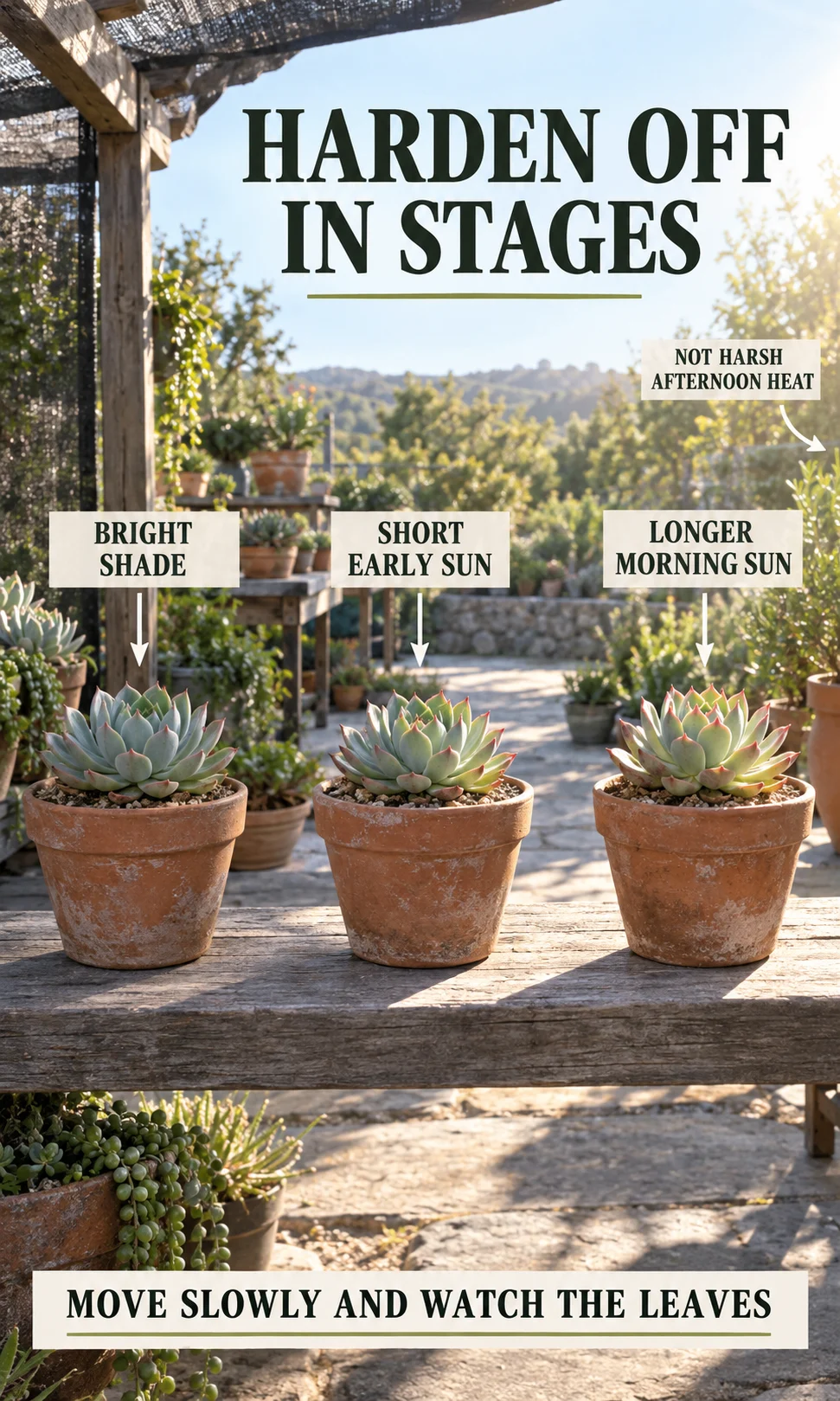Three similar potted succulents demonstrating a gradual hardening-off sequence from bright shade to short early sun and then longer morning sun.