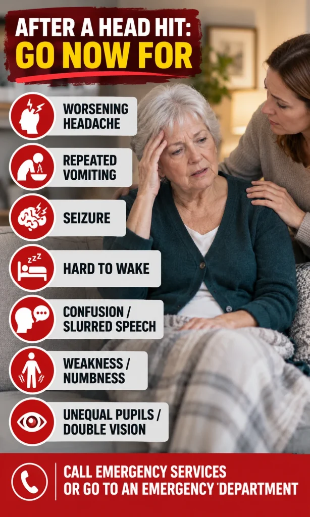 Older woman after a head injury with a caregiver and a large emergency checklist for worsening headache, vomiting, seizure, difficulty waking, confusion, weakness, and unequal pupils.