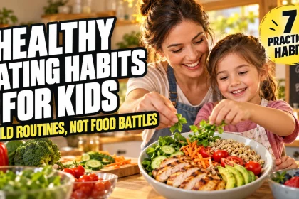 Parent and child preparing a colorful meal together with a headline about healthy eating habits for kids and building routines instead of food battles.