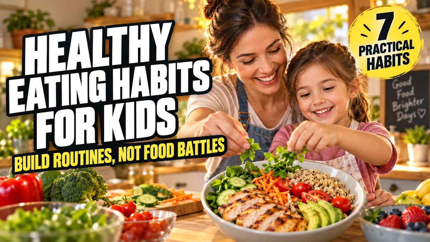 Parent and child preparing a colorful meal together with a headline about healthy eating habits for kids and building routines instead of food battles.