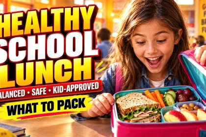 School-age child opening a colorful balanced lunch with fruit, vegetables, whole-grain food and protein, with a headline about a healthy school lunch.