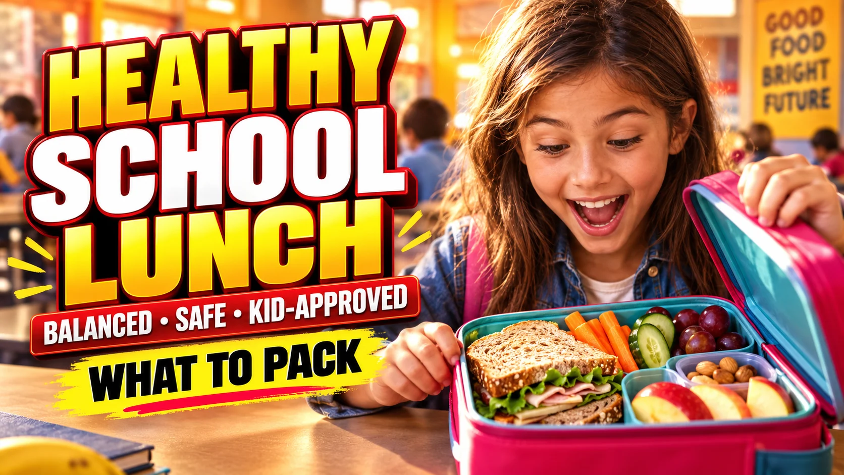 School-age child opening a colorful balanced lunch with fruit, vegetables, whole-grain food and protein, with a headline about a healthy school lunch.