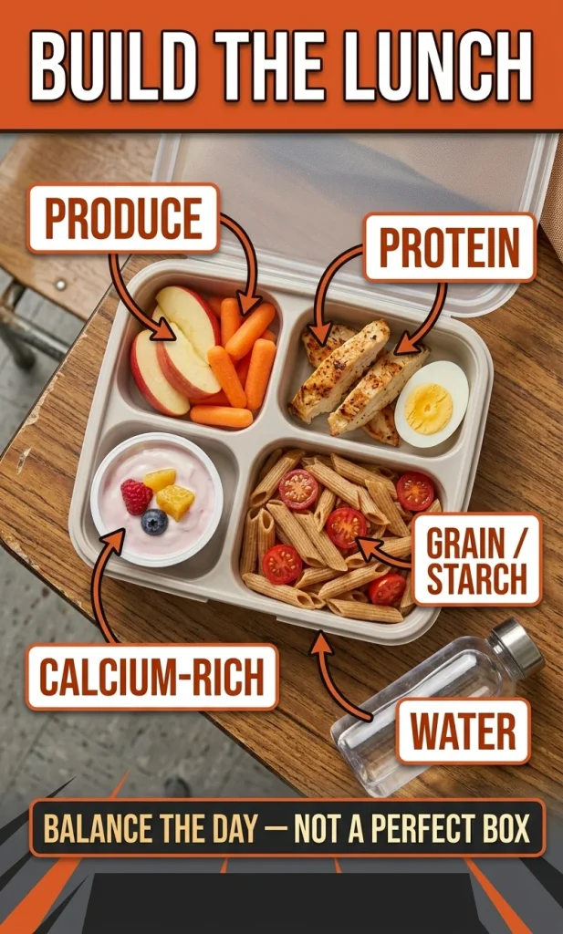 Top-down lunchbox showing produce, protein, grain or starch, calcium-rich food and water with labeled callouts.
