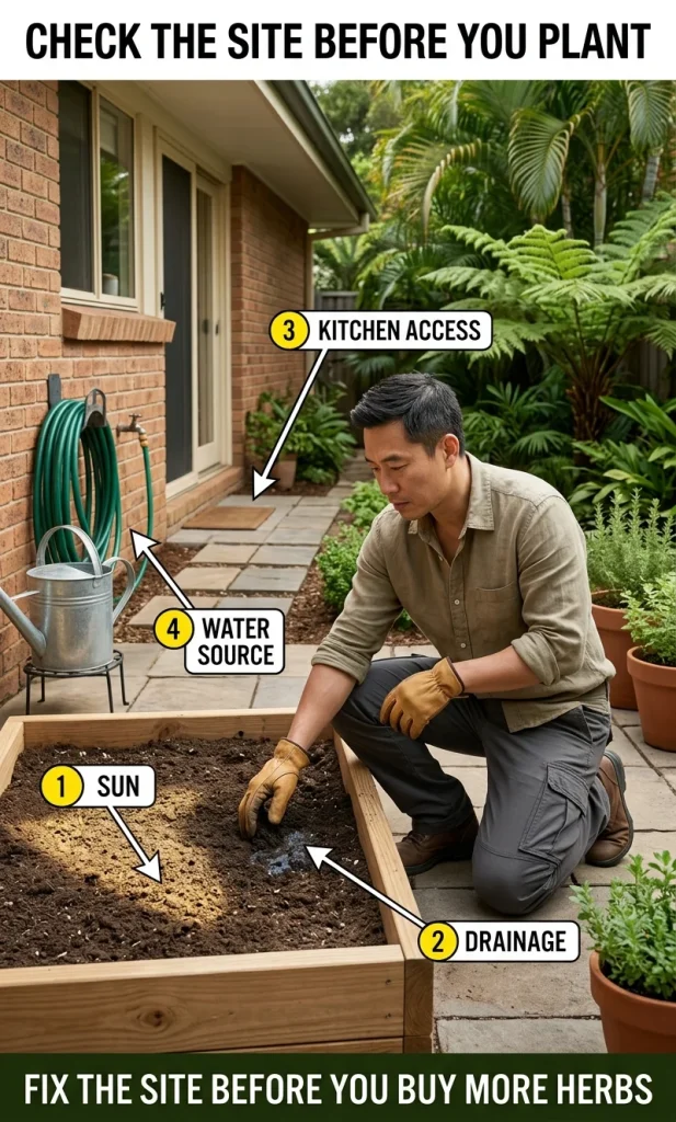 Kitchen herb garden site check showing sunlight, drainage, access and water-source checkpoints
