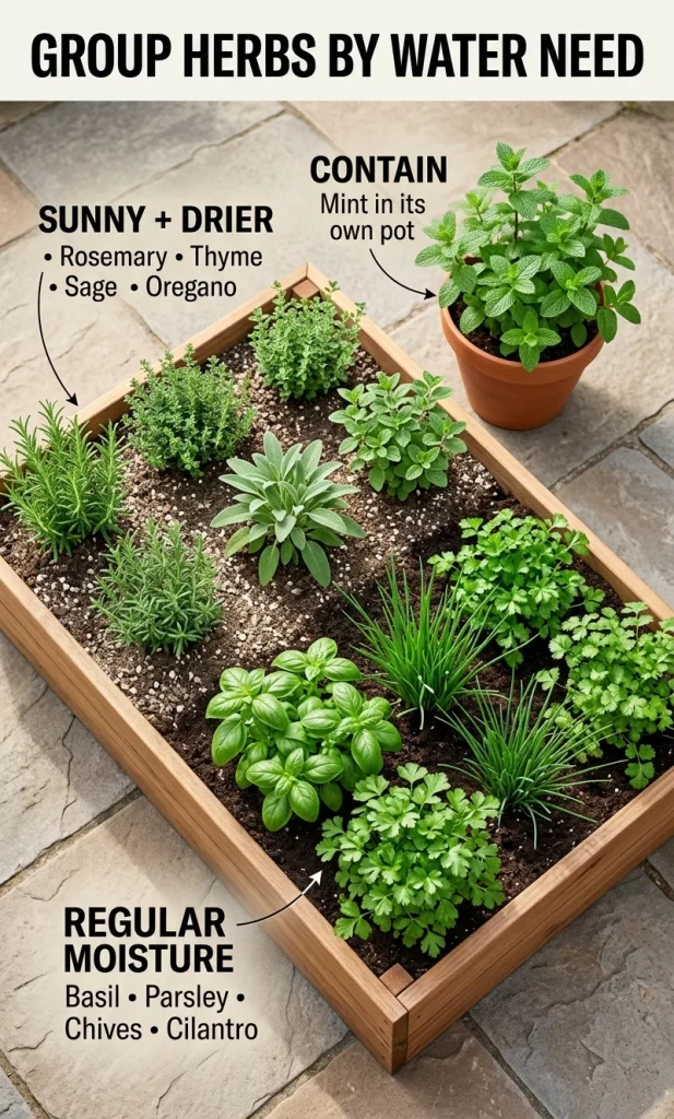 Herb garden layout grouped into sunny dry herbs, regular-moisture herbs and a separate mint container