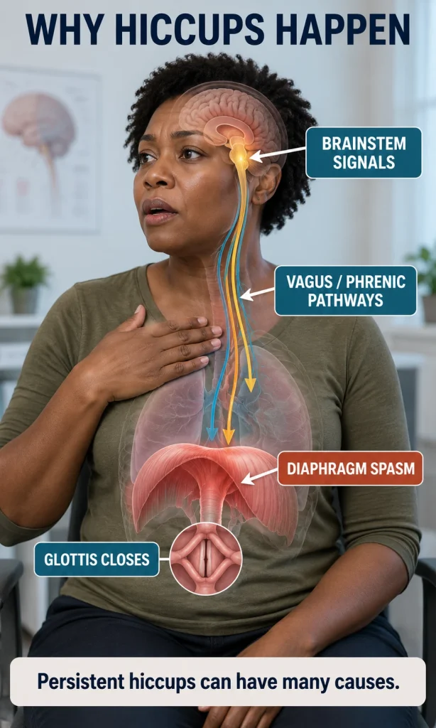 Woman with a transparent anatomical overlay showing brainstem signals, vagus and phrenic pathways, diaphragm spasm, and glottic closure involved in a hiccup.