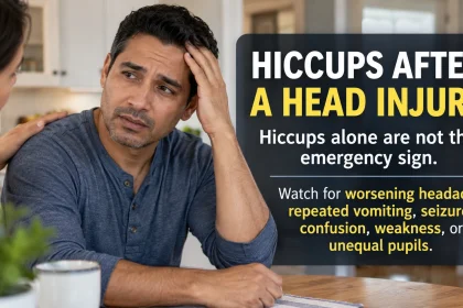 Concerned adult after a head injury with an overlay explaining that hiccups alone are not the emergency sign and listing major neurological red flags.