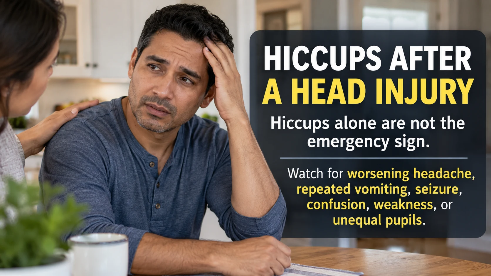 Concerned adult after a head injury with an overlay explaining that hiccups alone are not the emergency sign and listing major neurological red flags.