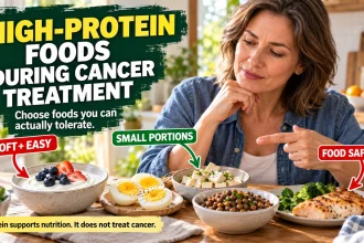 Adult at a bright kitchen table comparing small portions of high-protein foods such as yogurt, eggs, tofu and tender fish, with callouts emphasizing easy-to-tolerate choices and food safety during cancer treatment.