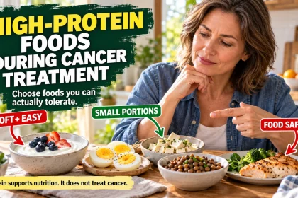 Adult at a bright kitchen table comparing small portions of high-protein foods such as yogurt, eggs, tofu and tender fish, with callouts emphasizing easy-to-tolerate choices and food safety during cancer treatment.