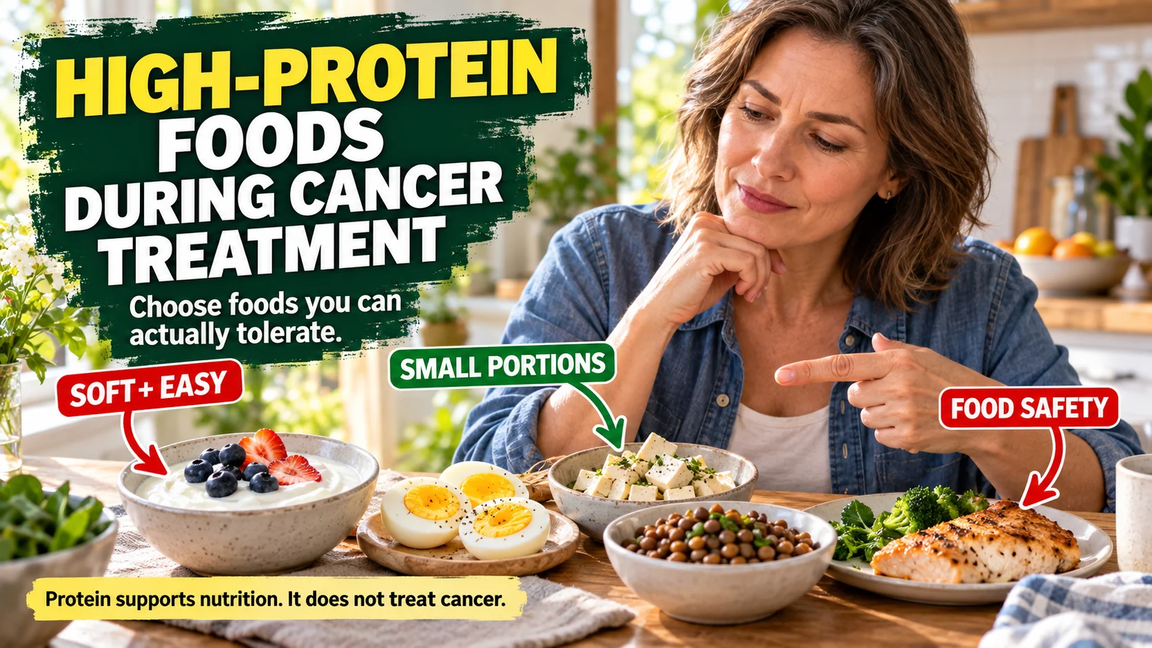 Adult at a bright kitchen table comparing small portions of high-protein foods such as yogurt, eggs, tofu and tender fish, with callouts emphasizing easy-to-tolerate choices and food safety during cancer treatment.