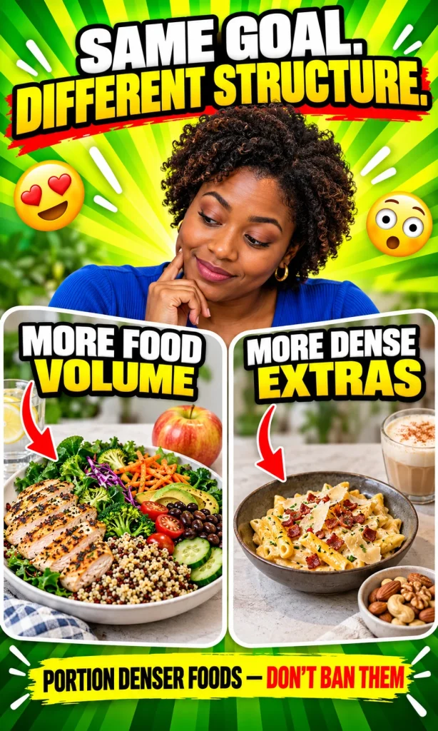 Side-by-side comparison of a higher-volume meal with vegetables and protein versus a meal dominated by energy-dense extras.