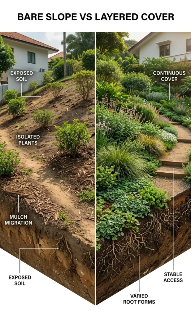 Split hillside garden comparison showing exposed soil and isolated shrubs versus dense layered groundcover, grasses, shrubs and a stable access path.