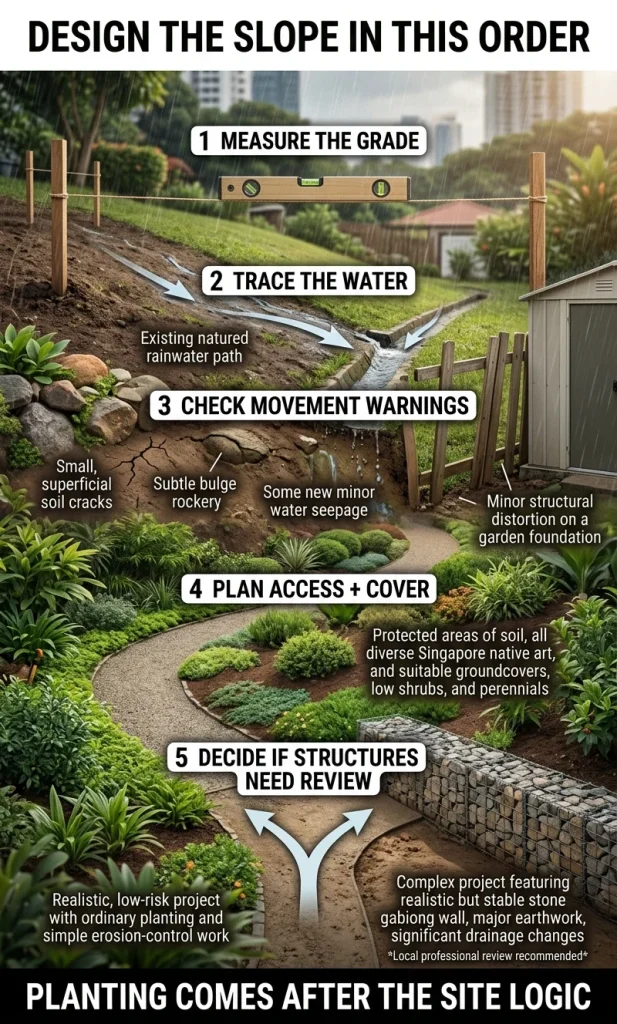 Five-step hillside garden decision sequence from measuring slope and tracing runoff to planting, access planning and professional review for structural work.