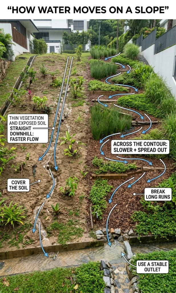 Vertical hillside diagram comparing fast straight downhill runoff with slower contour-based flow through planted bands and stable surface cover.