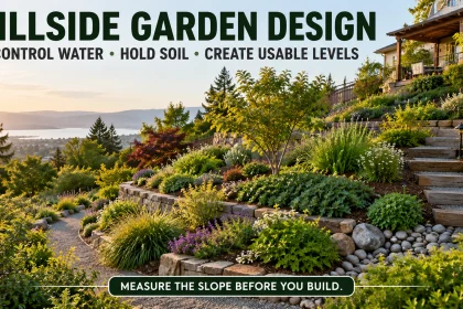 Terraced residential hillside garden with layered groundcovers, contour planting, steps and visible drainage logic illustrating slope, runoff and erosion control.