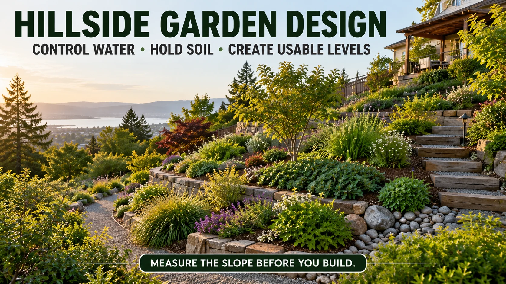 Terraced residential hillside garden with layered groundcovers, contour planting, steps and visible drainage logic illustrating slope, runoff and erosion control.