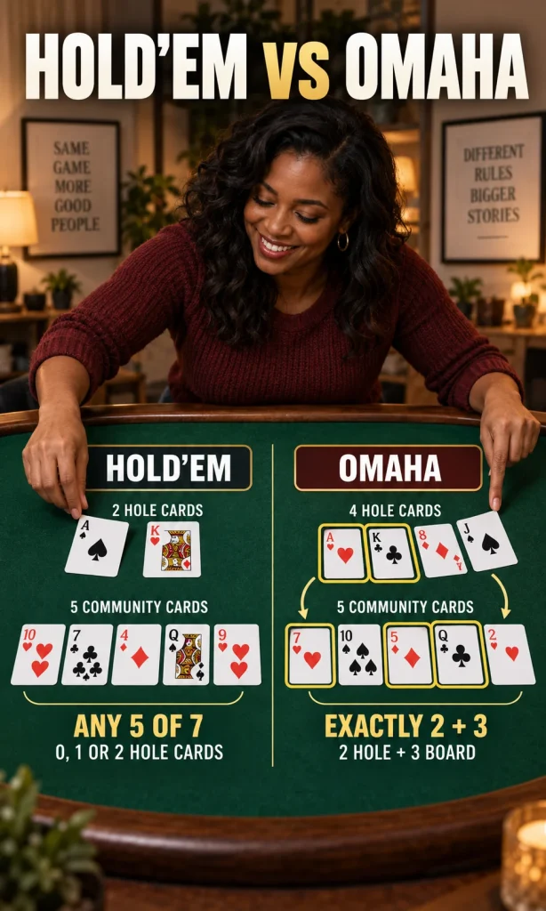 Hold'em and Omaha comparison showing flexible Hold'em hand building versus Omaha's exact two plus three rule