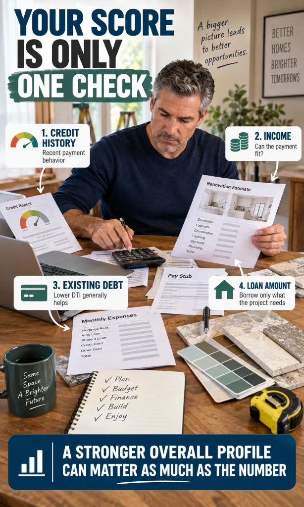 Homeowner loan application surrounded by four lender checks: credit history, income, debt obligations and requested loan amount.