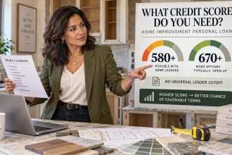Homeowner comparing renovation costs and a personal loan beside a credit-score range showing how stronger credit can improve borrowing options.