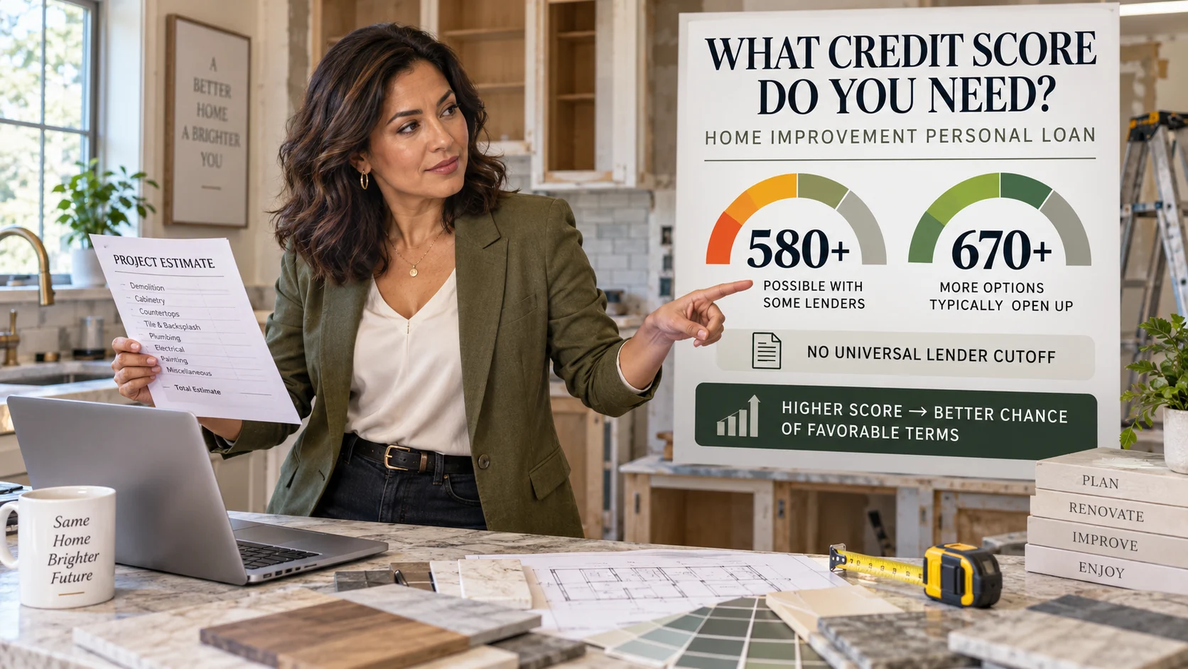 Homeowner comparing renovation costs and a personal loan beside a credit-score range showing how stronger credit can improve borrowing options.