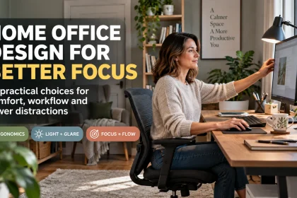 Woman adjusting a monitor in a bright home office beside a headline about better focus, with callouts for ergonomics, light and glare, and focus and flow.