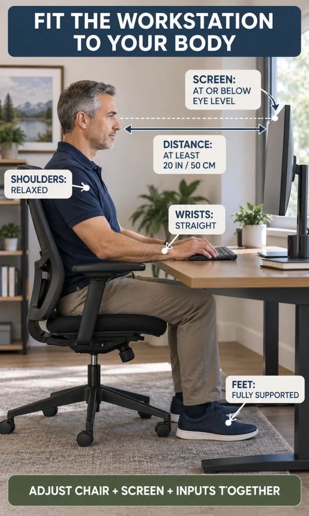 Seated man at a home-office desk with callouts showing a screen at or below eye level, at least 20 inches away, relaxed shoulders, straight wrists and fully supported feet.