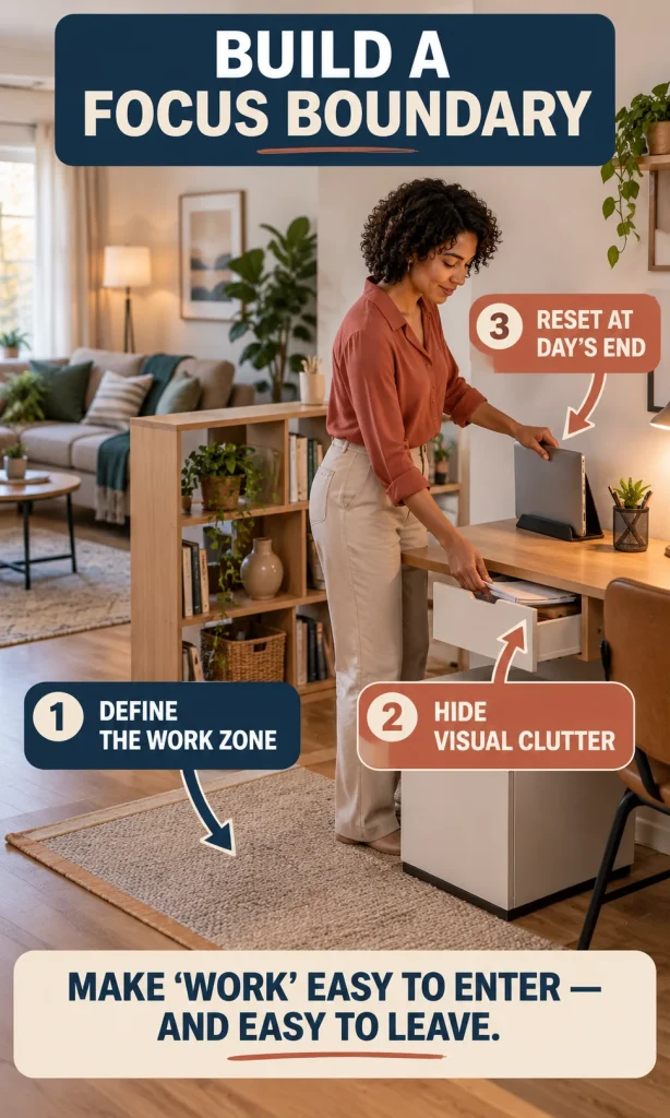 Woman resetting a shared home-office corner with callouts to define the work zone, hide visual clutter and reset the desk at the end of the day.