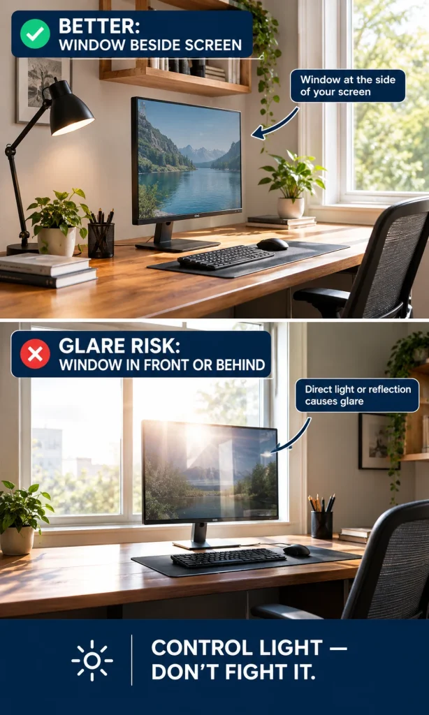 Split home-office comparison showing a monitor beside a window with controlled light versus a monitor in front of a bright window with visible screen glare.