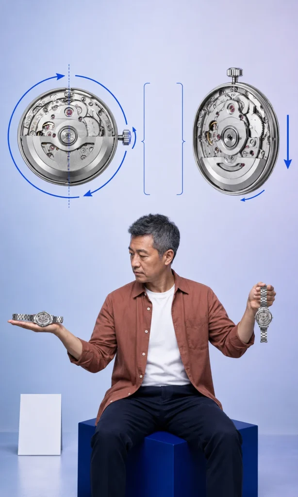 Horizontal and vertical automatic watch test showing how orientation affects rotor movement